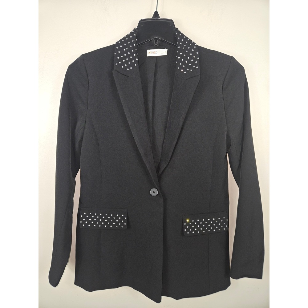 Intempo Womens Black Rhinestone Embellished Single Button Blazer Jacket Size S